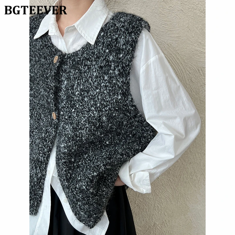 BGTEEVER Casual Loose O-neck Sweaters Vests for Women Stylish Single-breasted Knitted Cardigans Autumn Winter