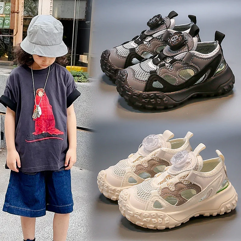 

Children Sports Sandals Rotating Button Kids Running Shoes School Summer 2025 New Boys Girls Beach Shoes Non-slip Hollowed-out
