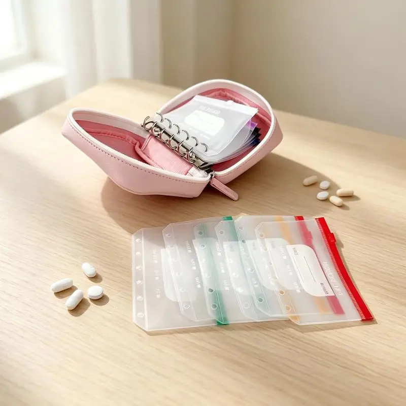 Travel Pill Organizer Binder With7/ 14 Coded Zipper Pouches Waterproof Exterior 3-Ring Writable Labels Crush-Resistant Shell