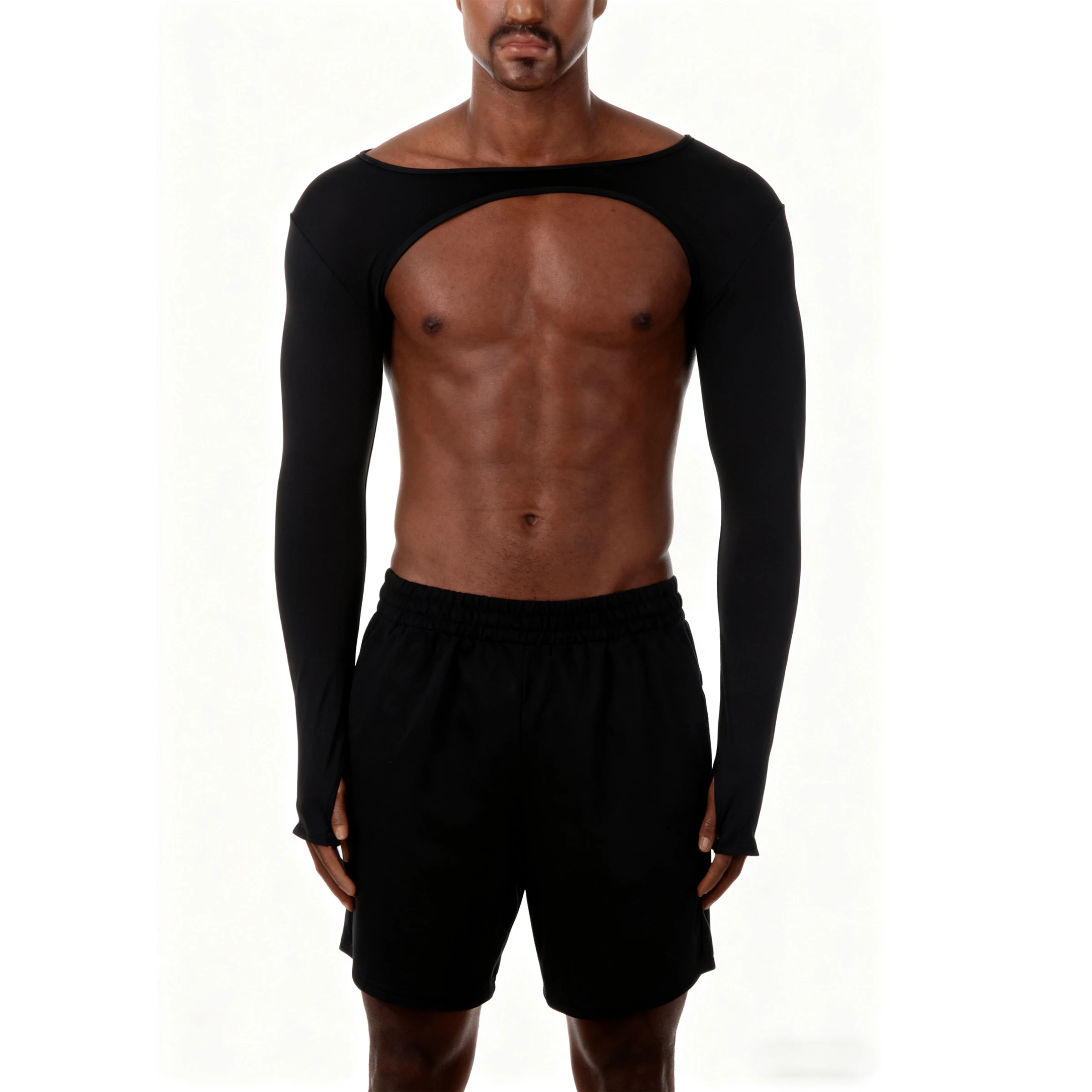 Top corto de manga larga de seda negra, sexy, con anillo para el pulgar, camisa corta, camisa elástica mini para cubrir los hombros, ideal para hombres.
