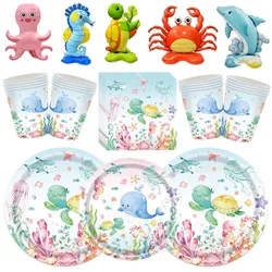 Ocean Under the Sea Tableware Disposable Plates Cups Napkins Ocean Animals Theme Party Birthday Party Decor Sea Animal Balloons