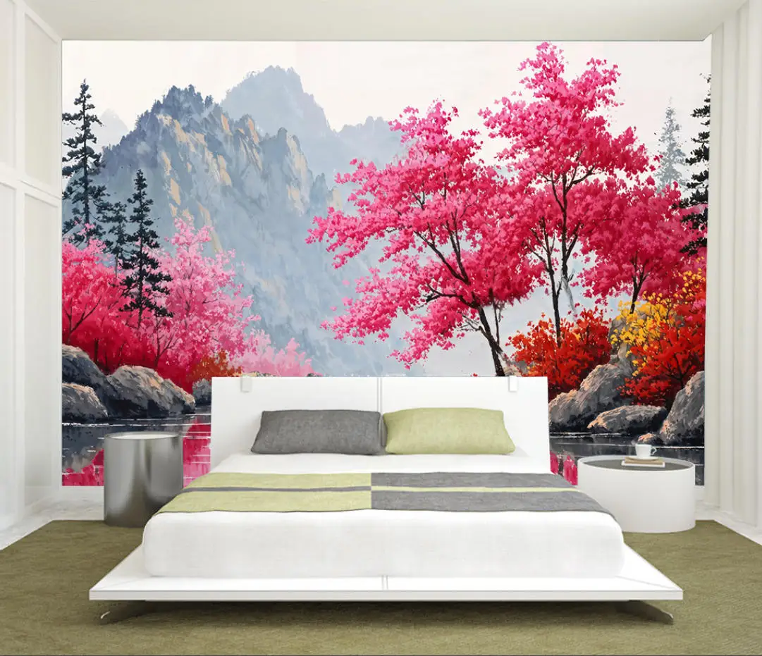 Custom  Mountain Lake Bird Photo Wallpaper for Living Room TV Background Natural Landscape Pink cherry blossom tree Wall paper