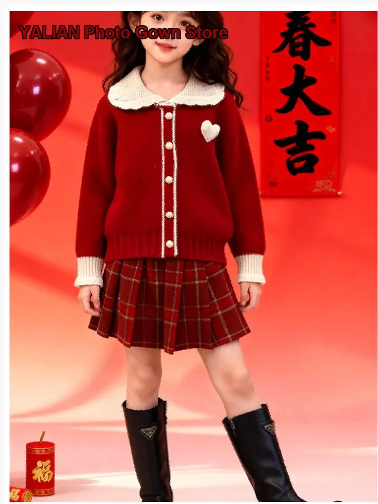 Girls Ruffled Neck Sweater Kids 2025 Autumn Winter Pleated Skirt Set Festive Outfit Older Kids