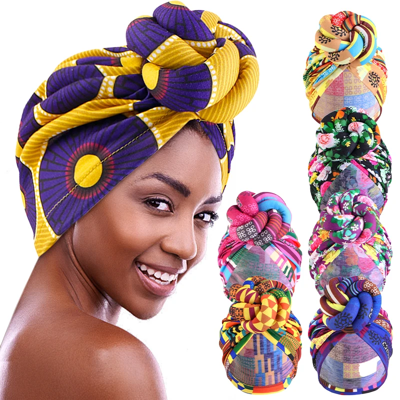 Nowe damskie afrykańskie nadruki duży kwiat rozciągliwy turban Headwrap czapka z daszkiem wstępnie wykonany Top węzeł okłady na głowę wesele nakrycia głowy