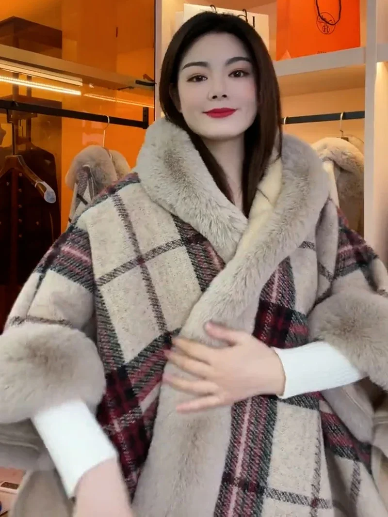 Hot Thickened Fleece-lined Plaid Poncho Cape Winter New Style Faux Rabbit Fur Hooded Large Size Woolen Coat for Women