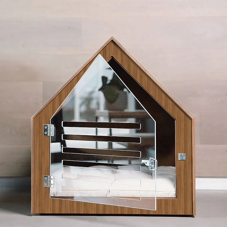 Custom Modern Dog And Cat House With Acrylic Door Stained Wood Dog Kennel Crate Furniture Indoor Dog Cat House