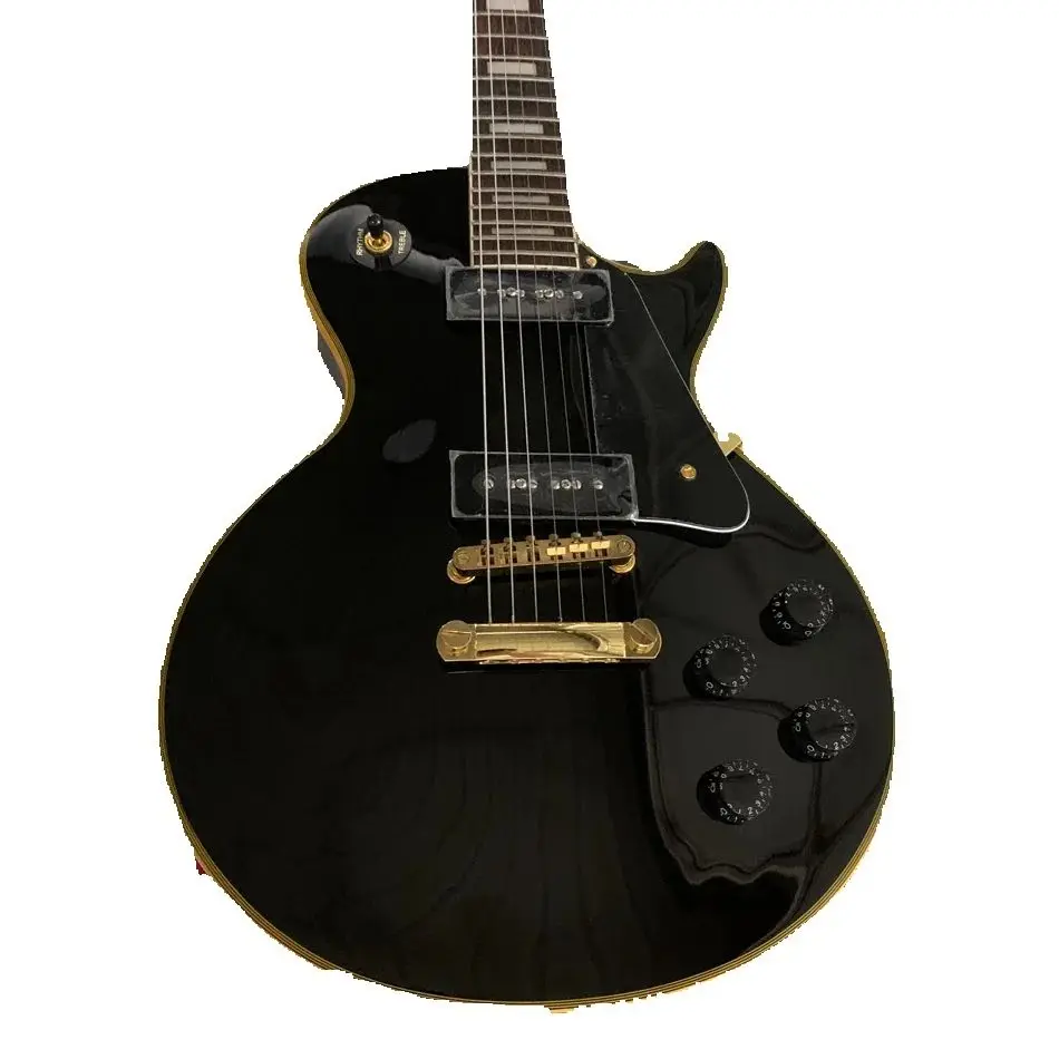 

Black electric guitar, rosewood fingerboard, P90 pickup, gold hardware