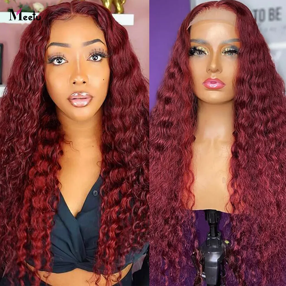 

99J Water Wave Burgundy Lace Front Human Hair Wigs for Women 180% Density HD Transparent Lace Frontal Wig 30 Inch Human Hair Wig