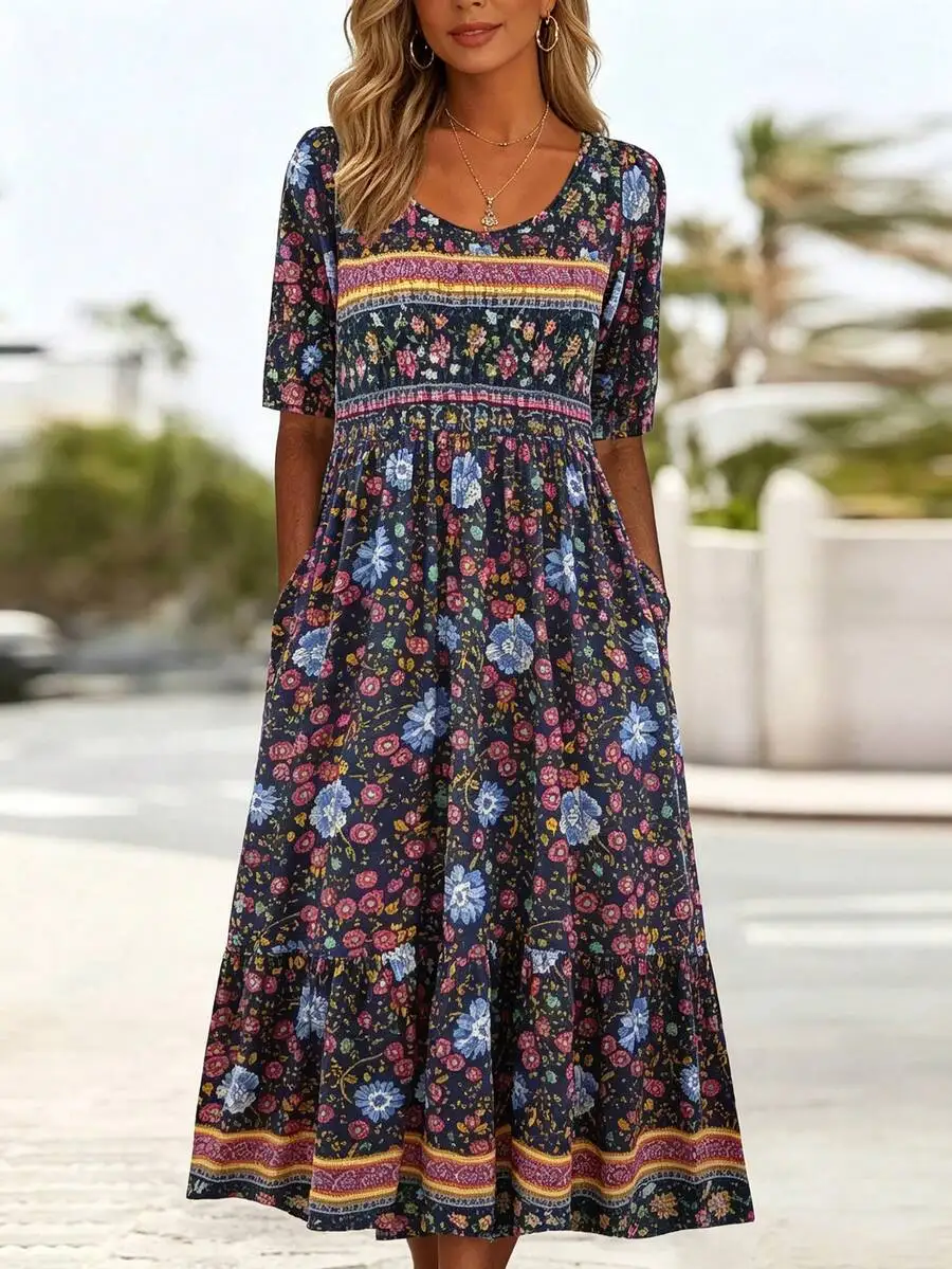 Boho Floral Print Womens Round Neck Short Sleeve Maxi Dress
