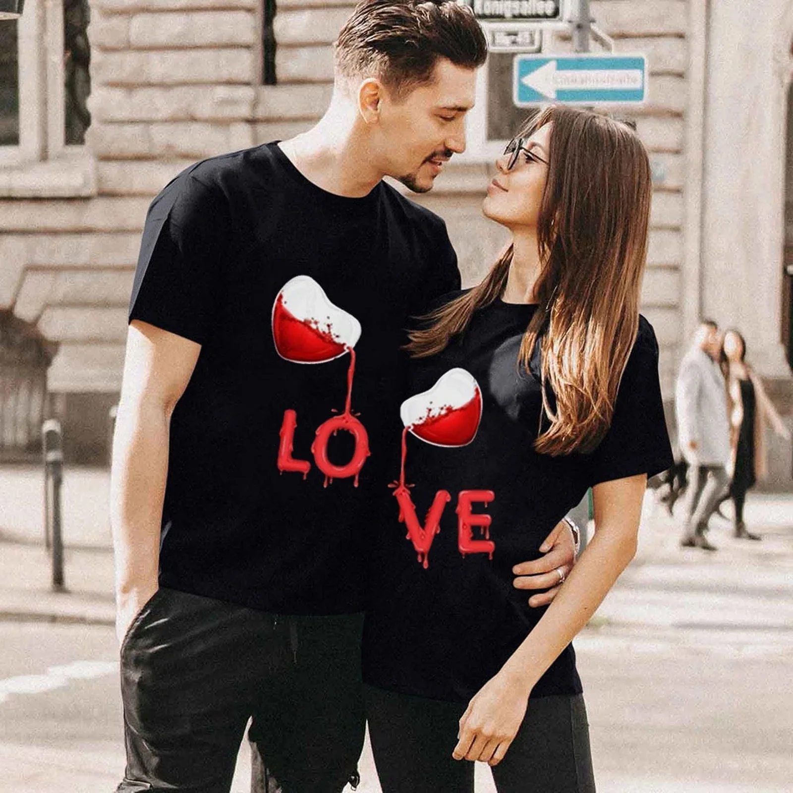 

King Queen Couples T Shirt Pour Heart Print Couple Tshirt Summer Fashion Woman T-shirt Casual O-Neck Tops Lovers Tee Shirt