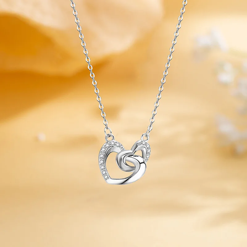 الأوروبي 925 الفضة الاسترليني اثنين على شكل قلب AAA الزركون قلادة رومانسية الذكرى مجوهرات الزفاف هدايا لها
