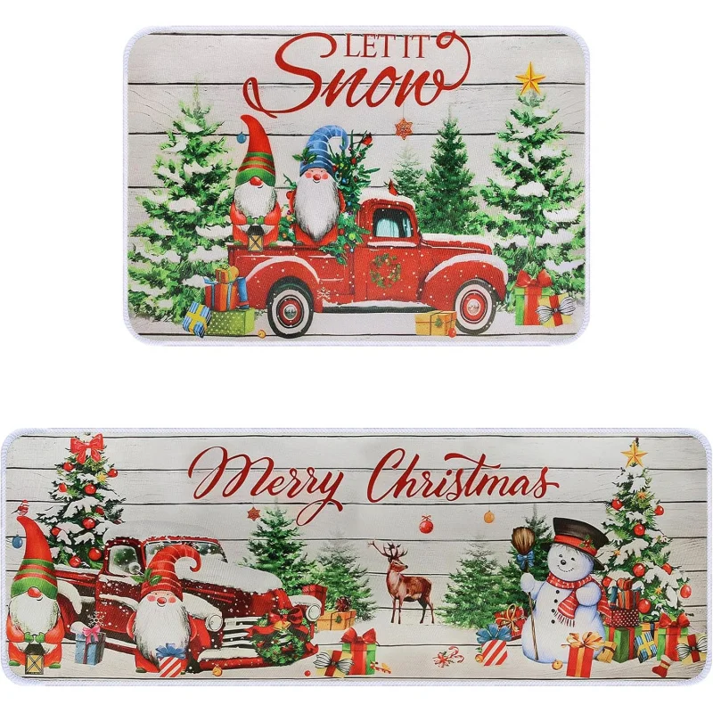 

Christmas Kitchen Carpet Two Piece Set Farmhouse Christmas Tree Truck Home Floor Mat Decoration 20inX31in 18inX47in