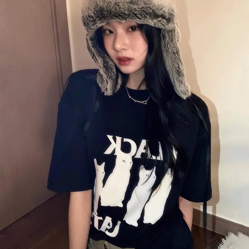 Karr233-T-shirt à Manches Courtes pour Femme, Streetwear Japonais, Mode Coréenne, Imprimé Chat, Grunge, Respiré, Kpop, Kawaii, Chic