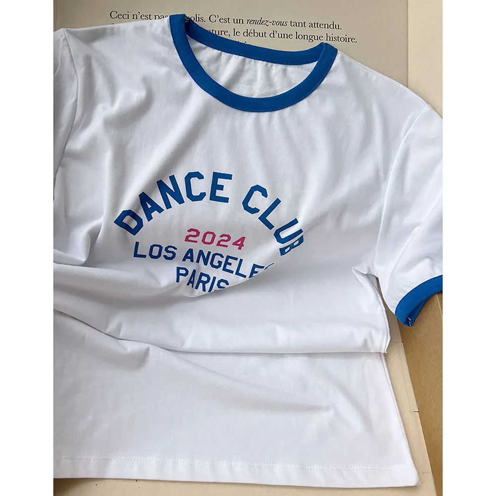 روان 5C723 التباين اللون رسالة الجرافيك طباعة المرأة تي شيرت الصيف قصيرة الأكمام سيدة البلوز الكلاسيكية عادية خمر فام #2