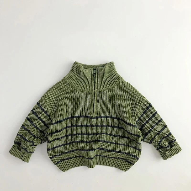 

2025 New Autumn Stand Collar Kids Clothes Jacket Sweaters Classic Striped Boys Sweater Half Zipper Girls Knit Pullover Tops