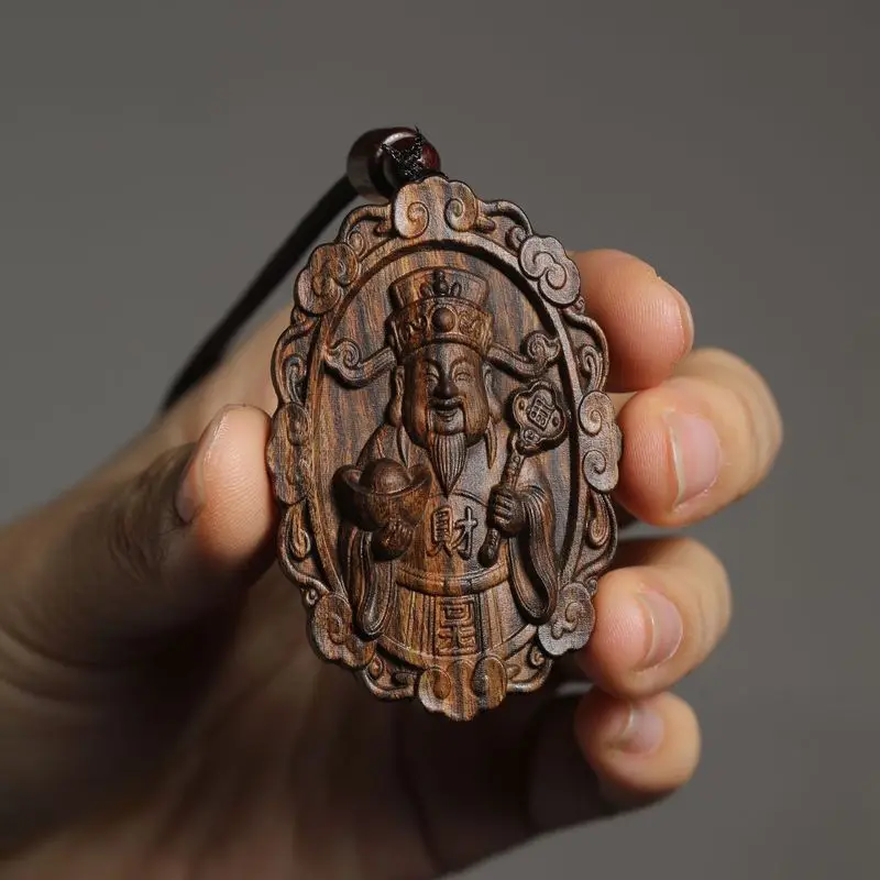 Agarwood carving of the God of Wealth, solid wood carved freeform pendant, hand-held ornament, decorative plaque, ne