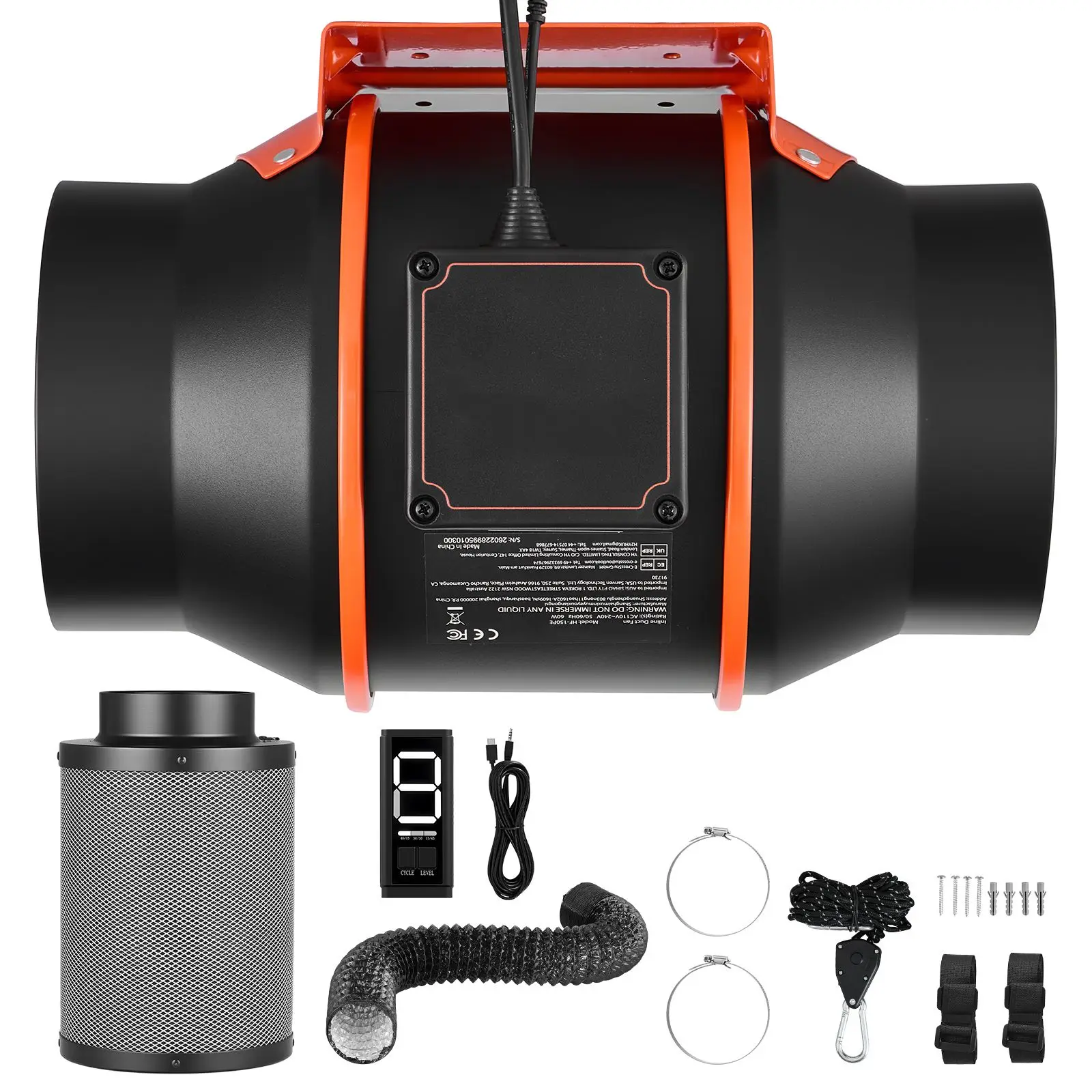 Inline Duct Fan Kit with Carbon Filter, 402 CFM 6 inch EC Motor Ventilation 3-Speed Circulation, 10- PWM Controller, Timer
