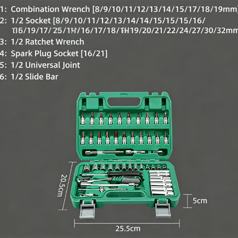 53-Piece 72/24-Tooth Chrome-Plated Premium Auto Repair Tool Set, Professional Tool Kit, Essential for Household and Car Maintenance