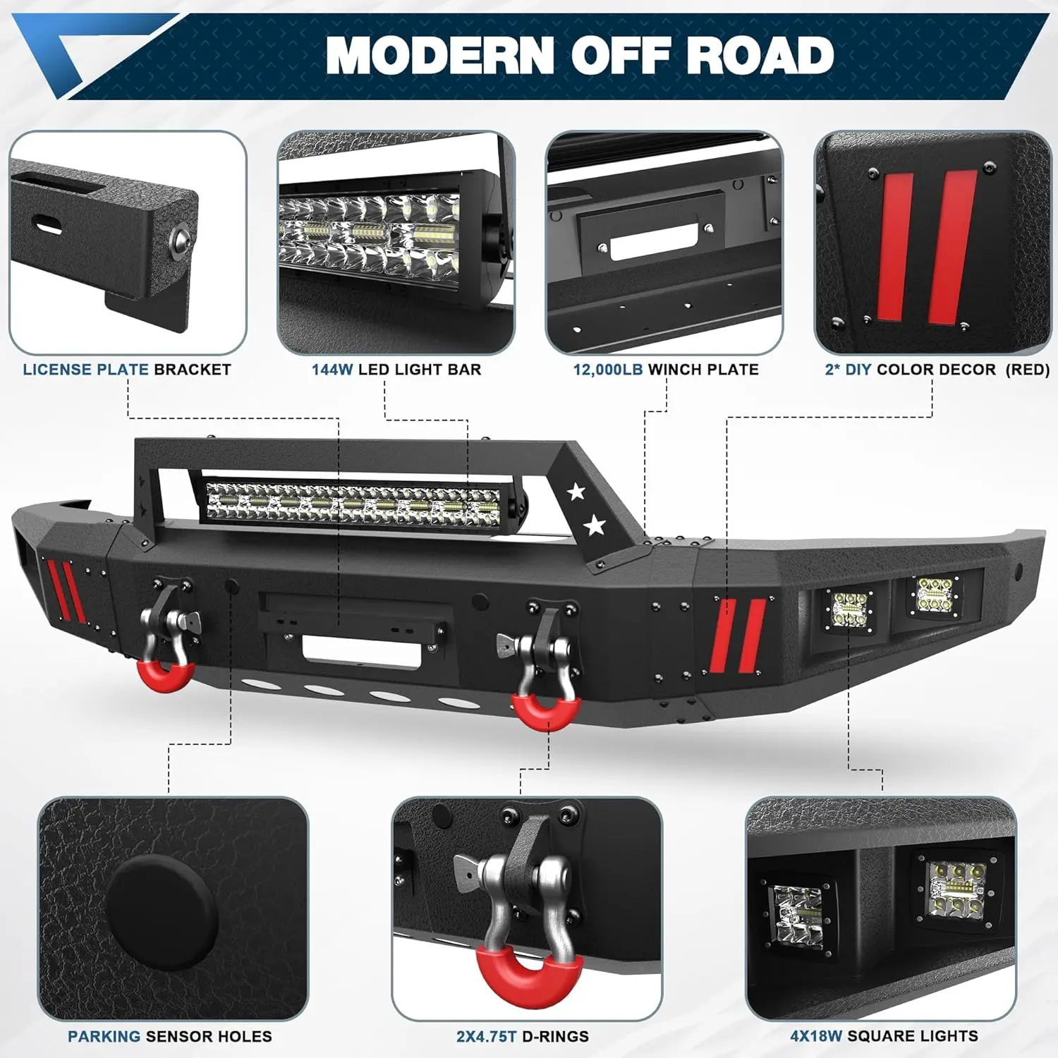Pickup Front Bumper for 2014-2021 Tundra with Winch Plate, 144W Long Light Bar, D-rings and License Plate Bracket