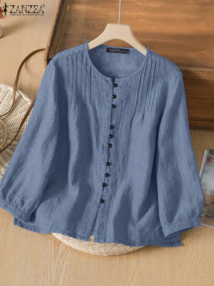 ZANZEA-camisas de oficina para mujer, Blusas de manga larga con botones, Tops informales holgados lisos con cuello redondo, Blusas OL de trabajo para mujer 2025