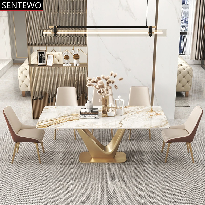 Luxury  Rock Slab dining table 4 chairs set Stainless steel gold frame Faux Marble table furniture meubles de salle a manger