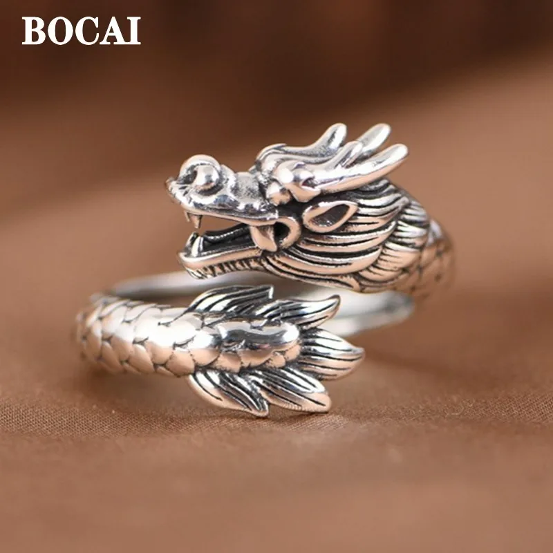 BOCAI Real S925 Silver Retro Ethnic Totem Auspicious Beast Chinese Dragon Ring for Men Fashion Jewelry Accessories Dropshipping