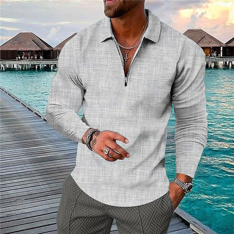 Color 3D Print Polo Zipper Long Sleeve Shirt for Men Button Down Fashion Shirt