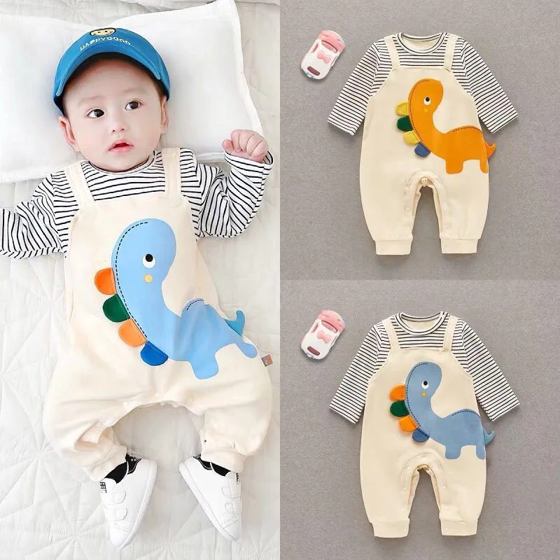 

Cartoon Dinosaur Baby Bodysuit Long Sleeve Romper Baby Newborn Jumpsuit Infant Boy Girl False 2 Pcs Stripe Patchwork Overalls