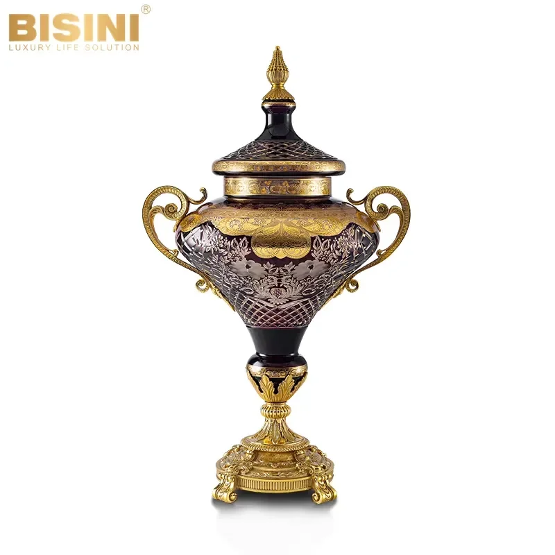 Retro Design European Purple Stained Glass Lidded Jar Handcrafted Embossed Floral Brass Handles Covered Jar for Home