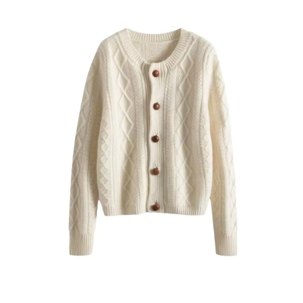 

Women's 100% Pure Wool Cardigan Autumn New Arrival Loose Lazy Style round Neck Knitted Wool Coat Base Shirt