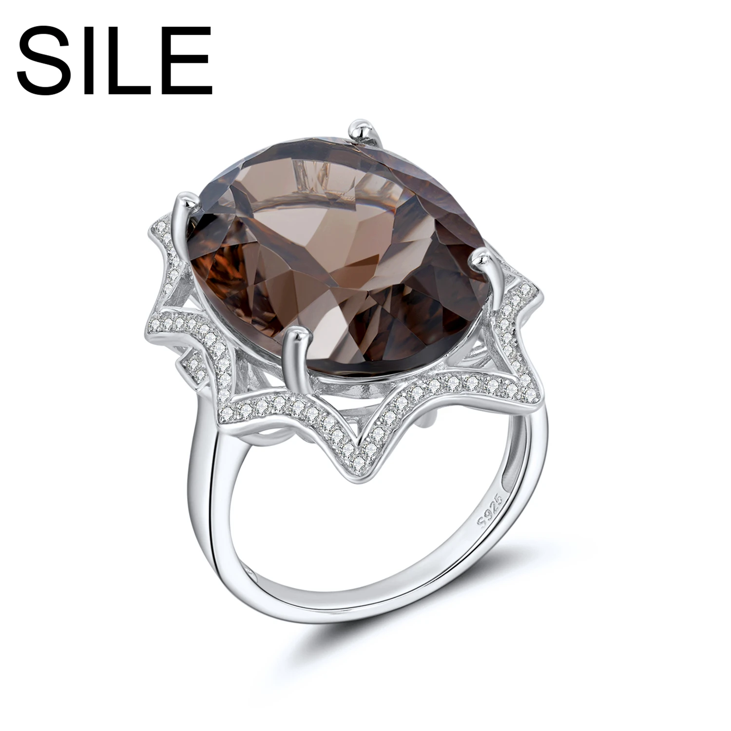 

SILE Fine Jewelry Women Natural 23.1Ct Smoky Quartz 100% 925 Sterling Silver Rings Luxury Gemstone Ring Anniversary Party Gifts