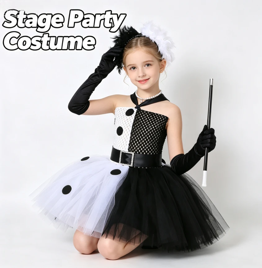 Black White Witch Princess Style Tulle Tutu Dress With Accessories Halloween Carnival Party Role Play Stage Performance Outfit