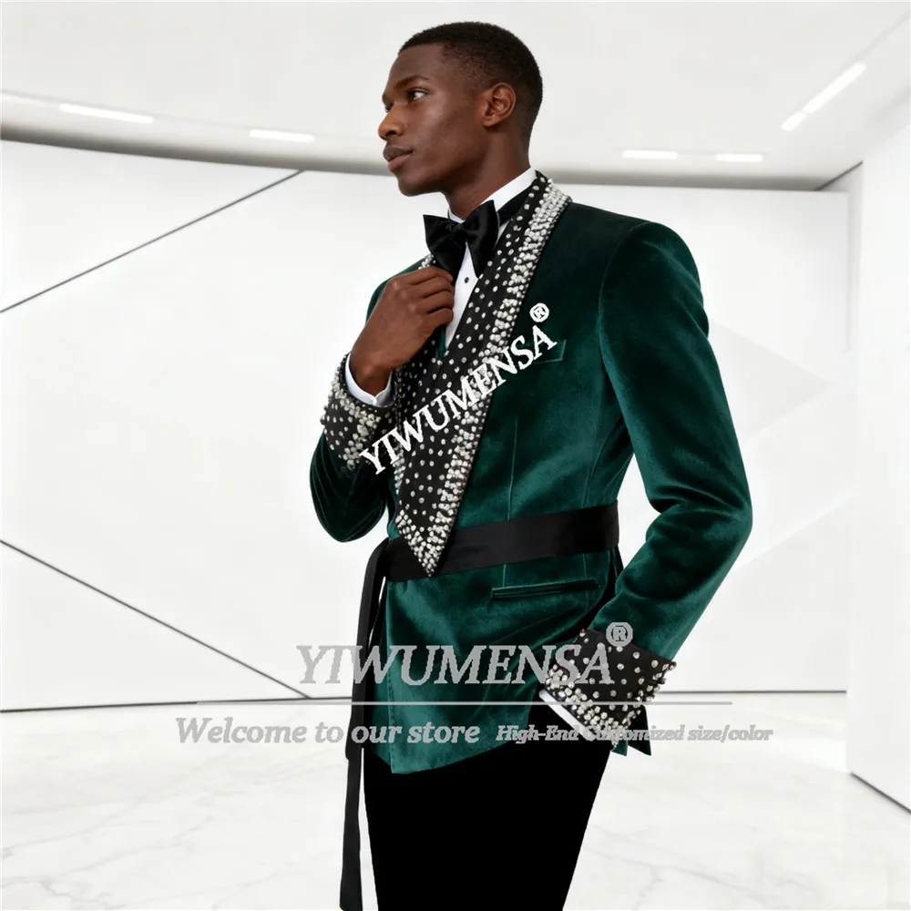 

Мужской костюм со стразами и бисером, комплект из 2 предметов, бархатные пиджаки для жениха с остроконечными лацканами и брюками, мужские вечерние смокинги по индивидуальному заказу