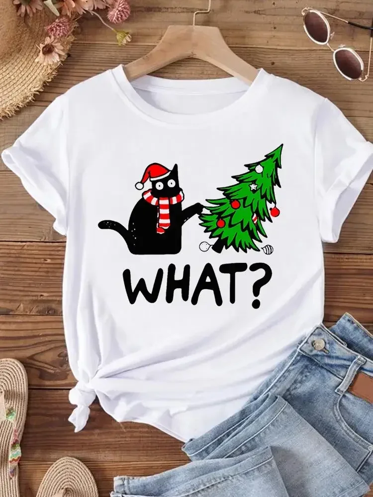 Cat Cartoon 90s Trend Women Christmas Print Fashion New Year T Shirt Clothes Holiday Top Graphic T-shirt Ladies Clothing Tee