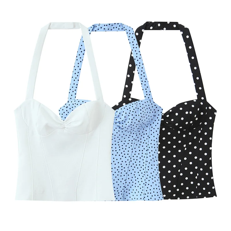 Haut pour femme, nouveau style été 2026, couleur unie, décor à pois, col halter, haut sexy, style va
