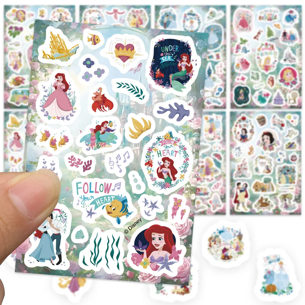 8 hojas de pegatinas estéticas de princesas de Disney, pegatinas impermeables de dibujos animados para álbum de recortes, cuaderno, decoración para nevera, regalo para padres
