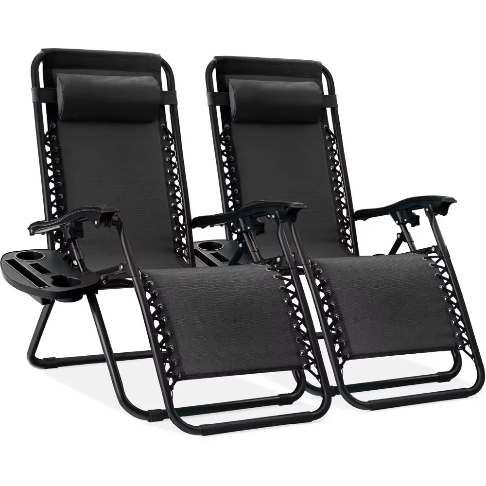 

Beach Chair Set of 2 Adjustable Steel Mesh Zero Gravity Lounge Chair Recliners,foldable design, w/Pillows and Cup Holder Trays