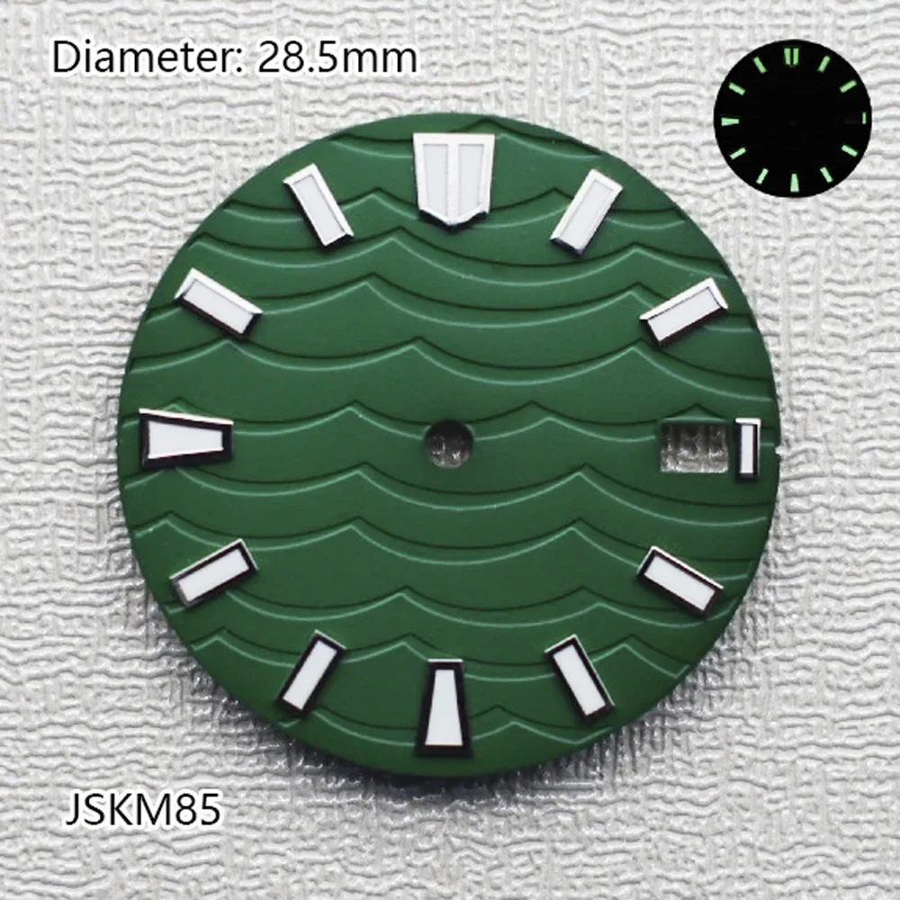 28.5 ミリメートル NH35 ダイヤルグリーン発光リップルパターンダイヤル NH35 自動ムーブメント時計アクセサリーに適したロゴをカスタマイズすることができます