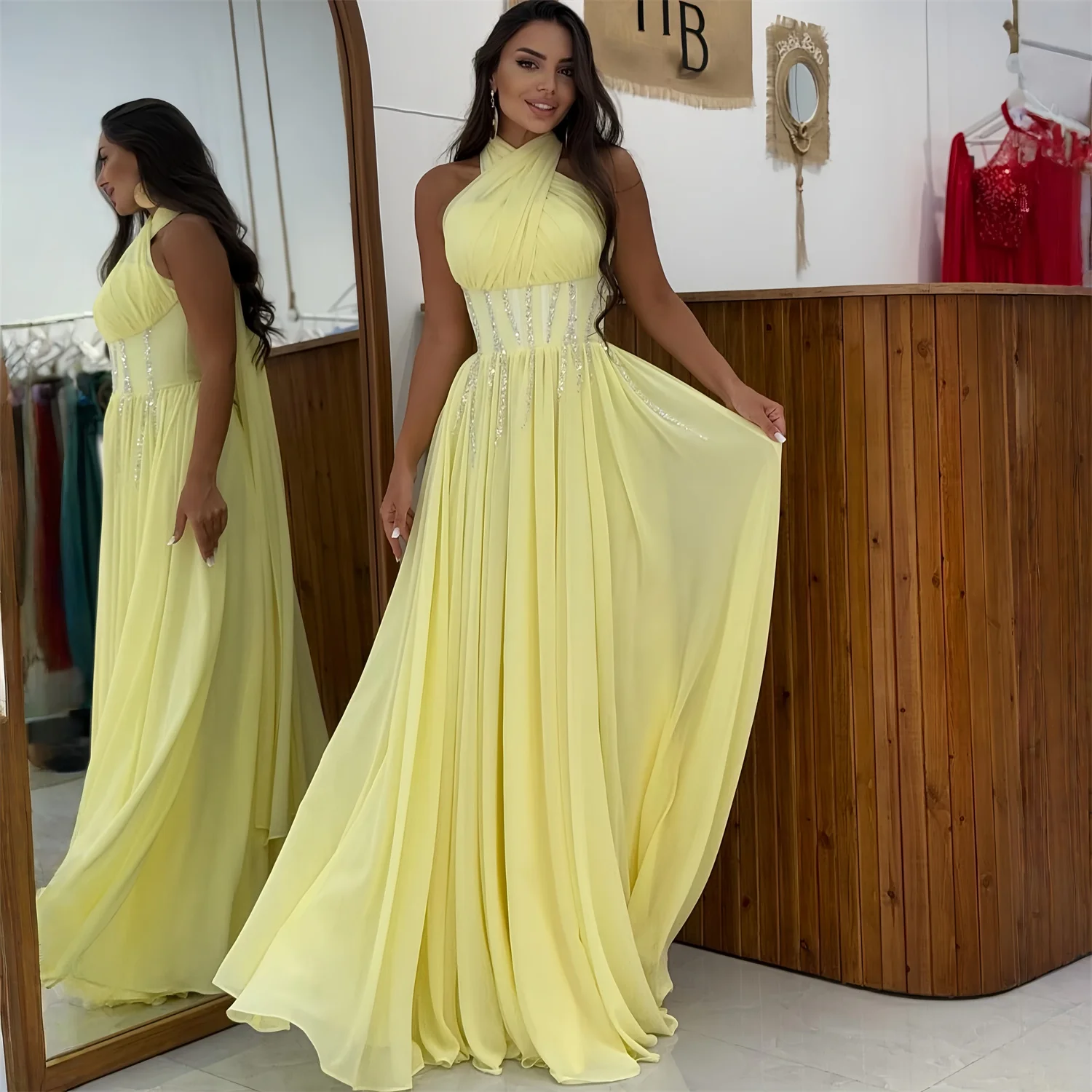 

EDECPBM Beading Evening Dress Women Elegant European Design Yellow Chiffon Formal Events Party Customized Robes de Soirée