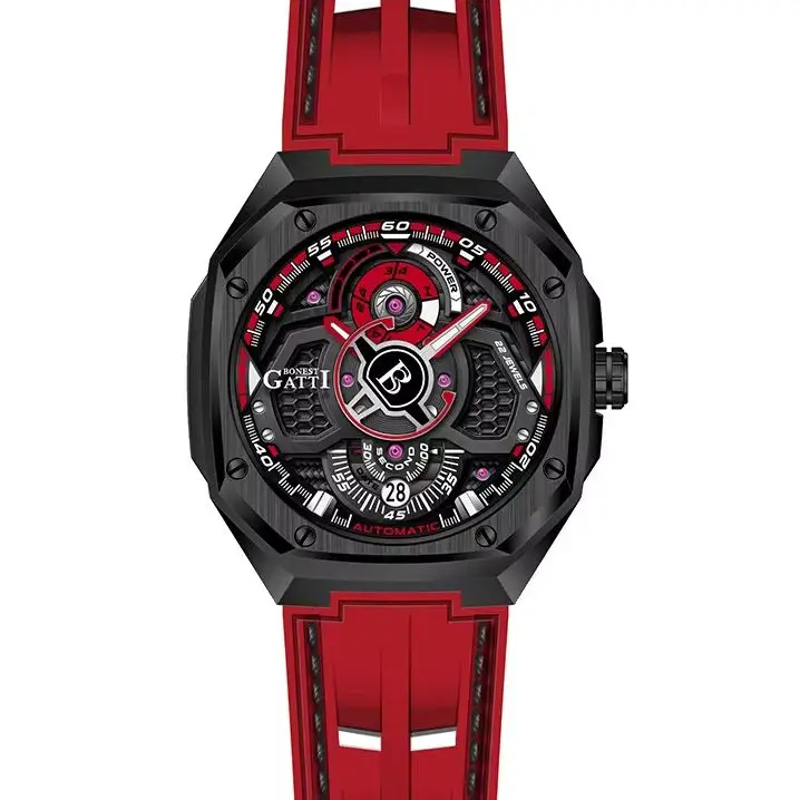 

BONEST GATTI Men Automatic Watch Mechanical Wristwatch 50M Waterproof Sapphire Mirror Skeleton Luminous Dial Fluororubber Strap
