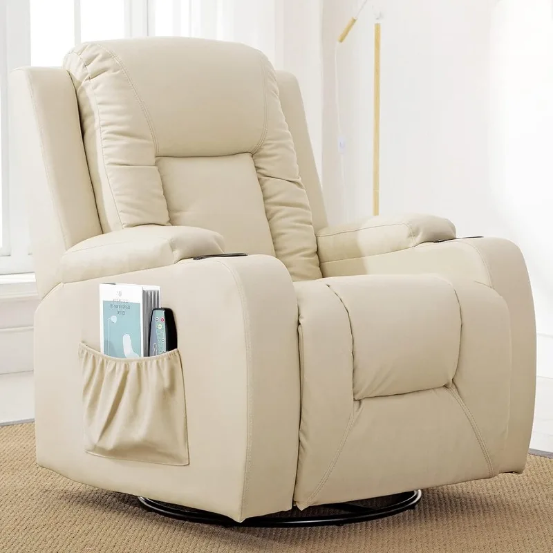 Fauteuil, PU-schommelstoel voor volwassenen, draaibare fauteuil met bekerhouders, warmte en massage