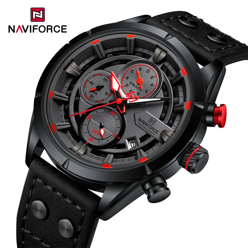 

Часы наручные NAVIFORCE мужские с кожаным ремешком, модные водонепроницаемые Роскошные светящиеся Спортивные кварцевые