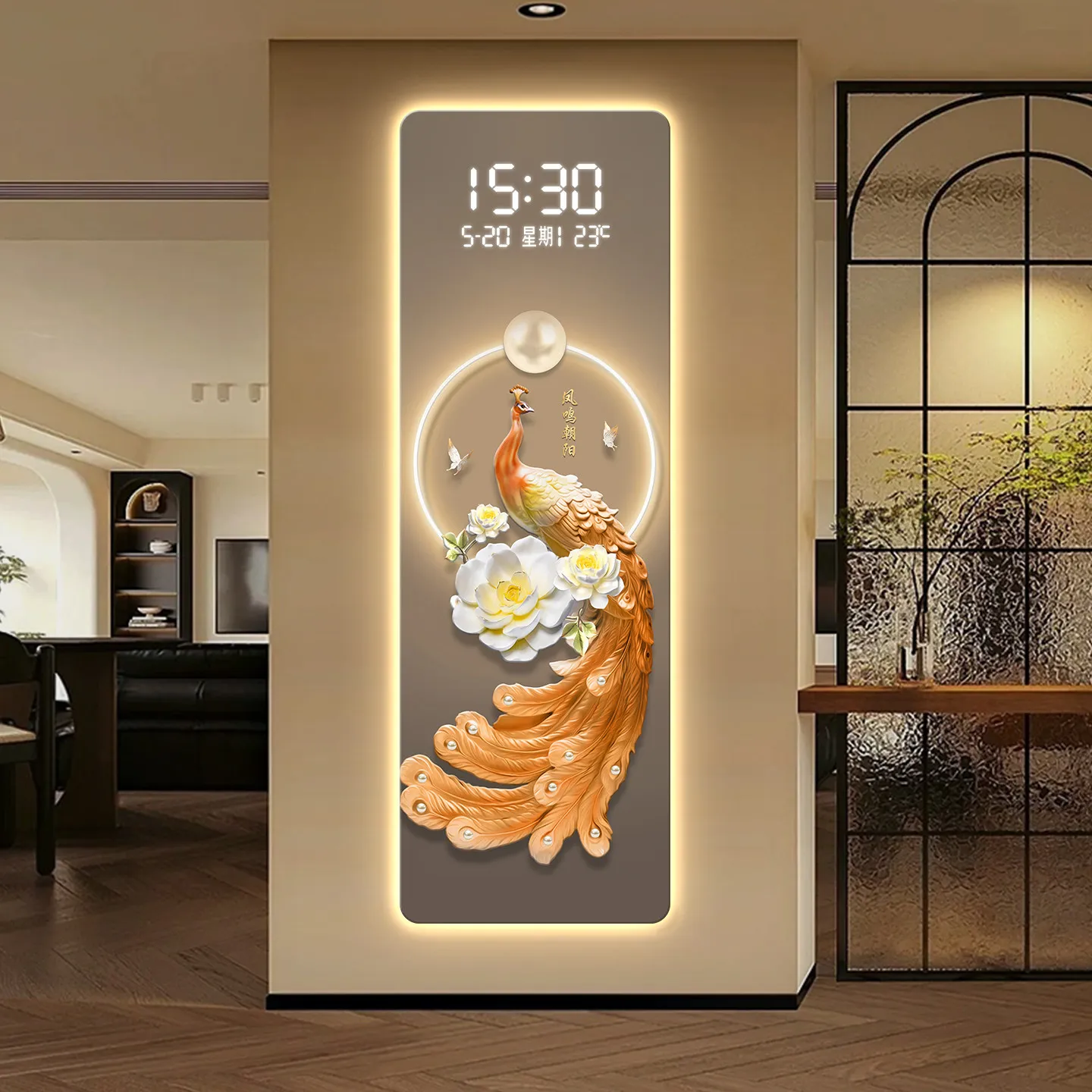Peacock Flower LED Light Strip Living Room Entrance Hanging Artwork Digital Display Clock Corridor Modern Decorative Painting