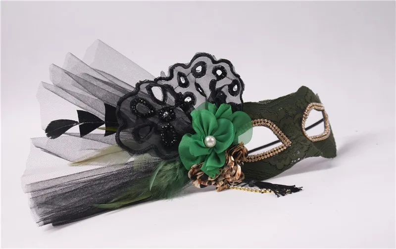 Mask Plastic Material Men's and Women's SameStyle Dark Green Floral Mesh Embroidery Flower Feather Halloween Dance Fashion Props