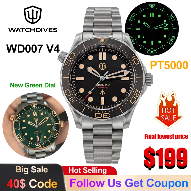 Watchdives WD007 V4 Titanium Mechanical Watch PT5000/Peacock SL3001 Movement Sapphire 200m Waterproof Luminous 42mm NTTD Watch
