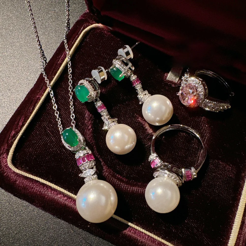 Women Brazil Chrysoprase Agate Gemstone Pearl Earrings Necklace Set 2024
