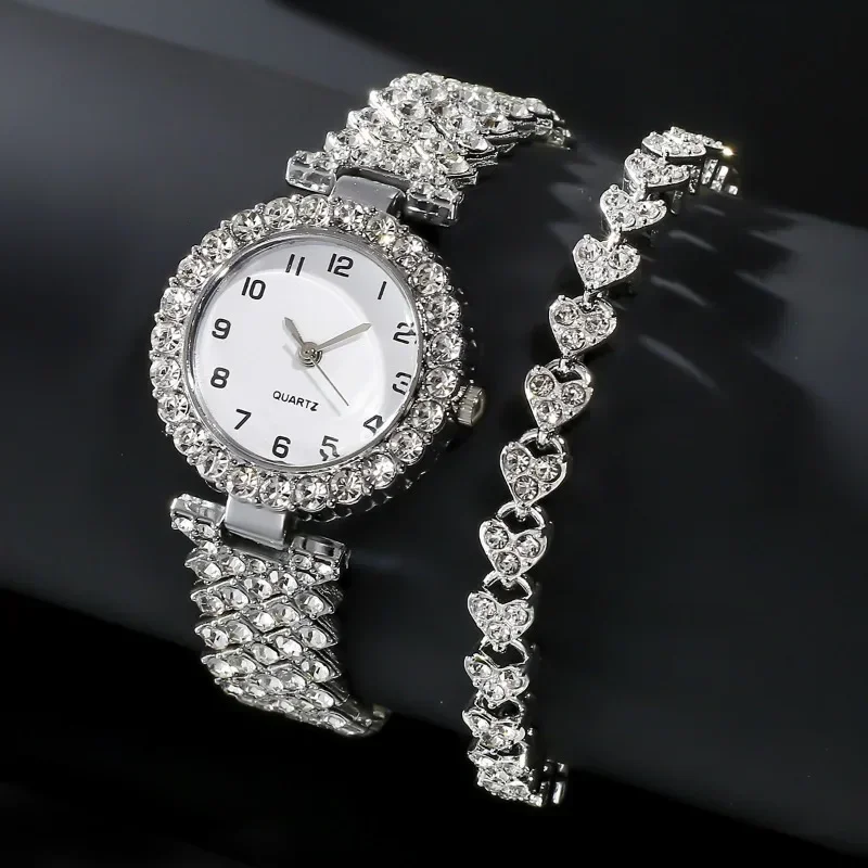 2PCS/Set Rhinestone Women\'s Watch Arabic Dial Steel Band Quartz Watches Rhinestone Jewelry Set Without Box Women Watches Luxury