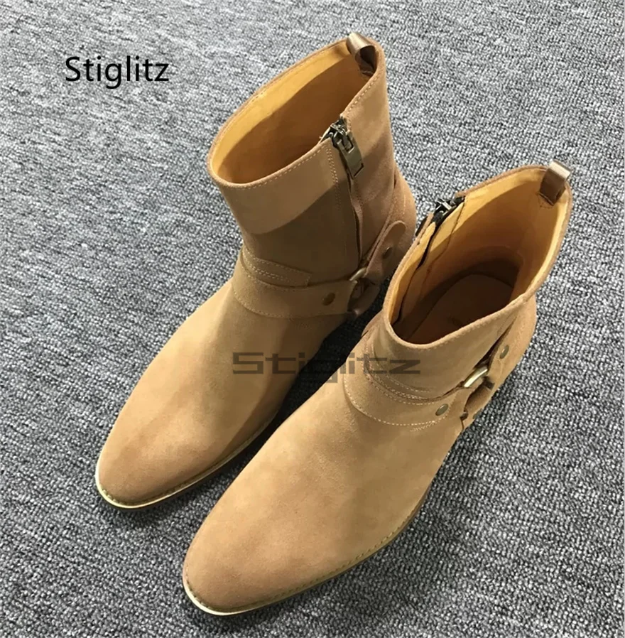 

Metal Ring Chelsea Boots for Men Genuine Leather Suede Ankle Boots Zipper Male Casual Buckle Handmade Business Dress Shoes