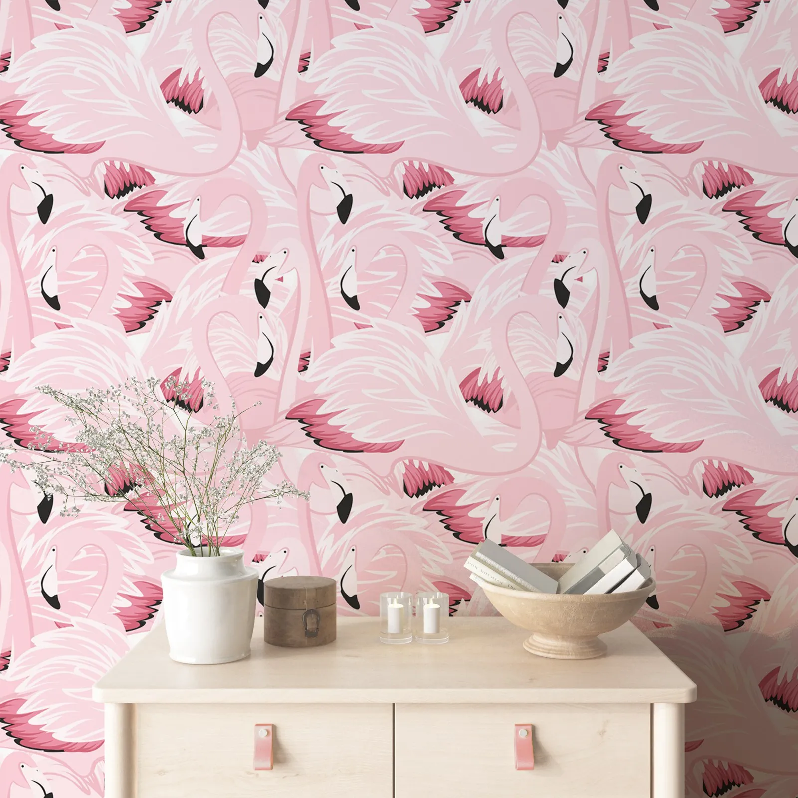 Pink Color Wallpaper Of Children's Rooms,Flamingo Pattern Self adhesive Wallpaper For Kids Bedroom Decor,Or Tradition Un-paste