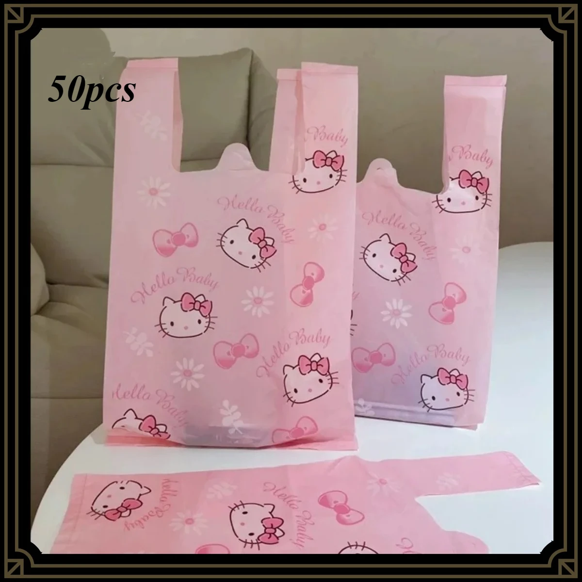 50pcs Kawaii Hello Kitty Anime Peripheral Pink cartoon Cute Handbag Snack Bag Thickened Shopping Bag Large and Small Handbag